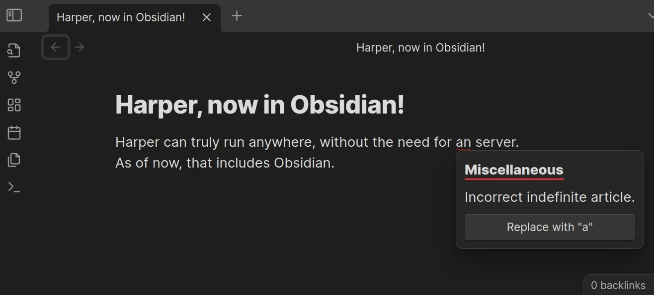 A screenshot of Obsidian with Harper installed